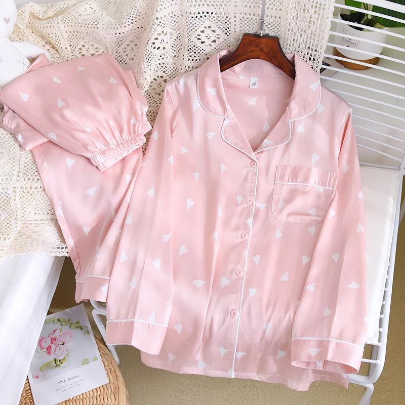 

Women Pajamas Set Sleepwear Sping Long Sleeve Mujer Pijamas Pink White Love Sexy Nightwear Ice Silk Satin Pyjamas Suit 2Pcs