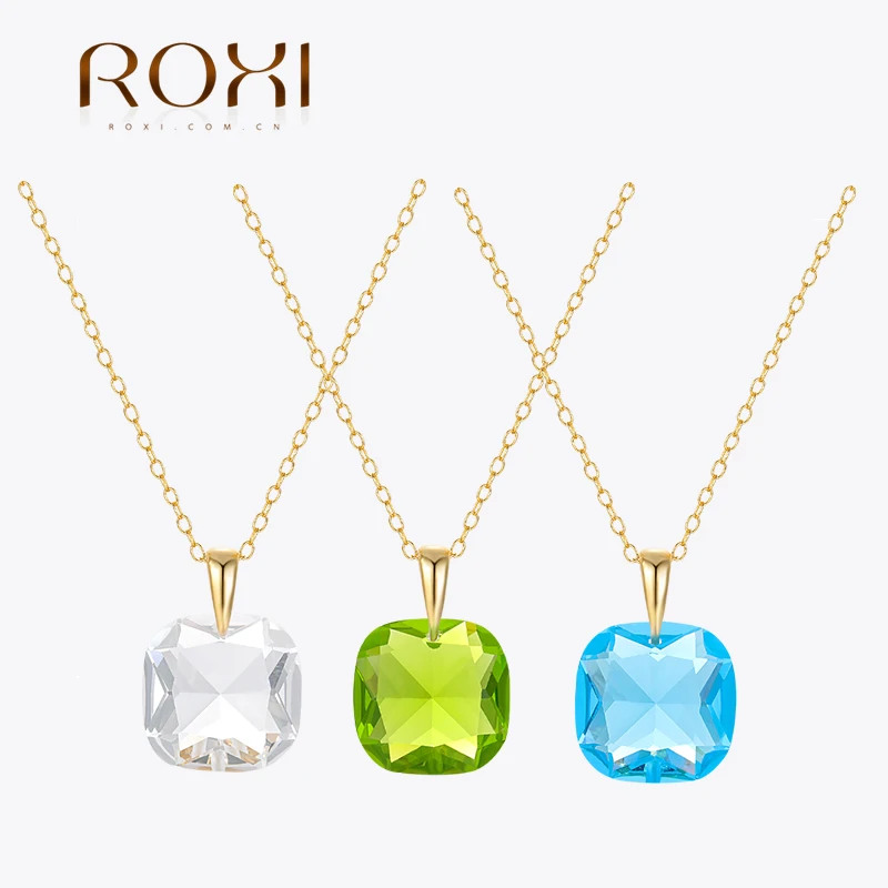 

ROXI 925 Sterling Silver Colorful Square Crystal Pendant Wedding Party Necklace For Women Luxury Temperament Bijoux Argent 925