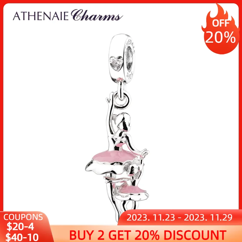 

ATHENAIE 925 Sterling Silver Dancer Charms Clear Heart CZ Ballet Mother & Danghter Dangle Charm for Bracelet Necklace Girl Gifts