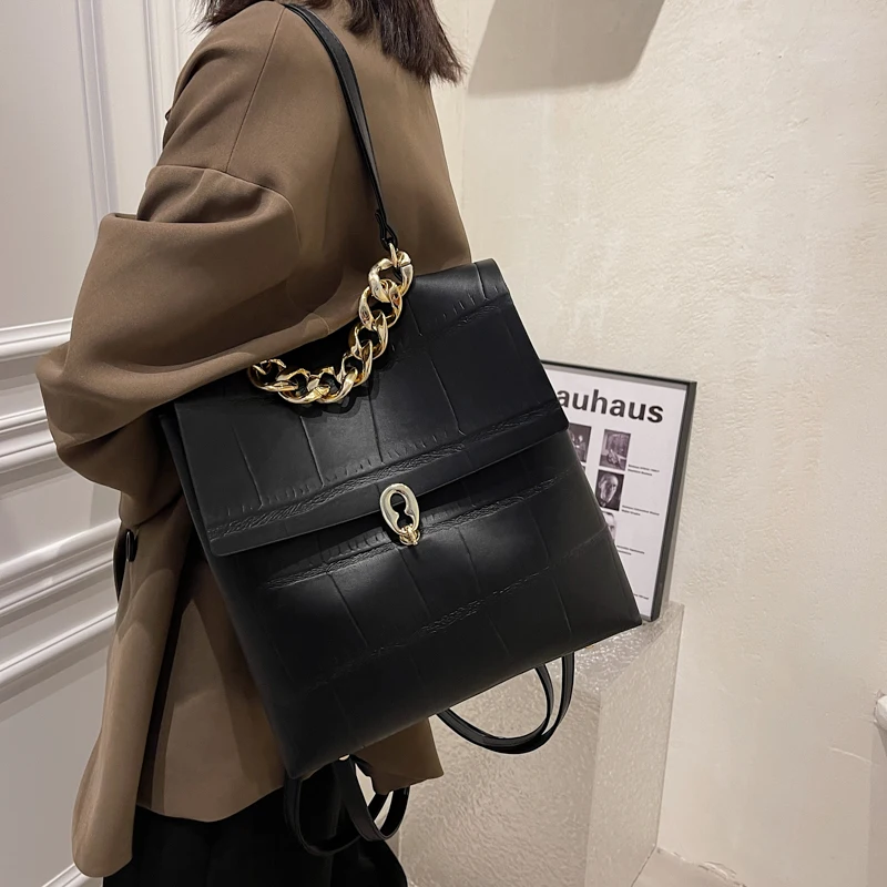 Stone Pattern Pu Leather Women Backpack Girls High Quality Female Chain Fashion Travel Backpacks Double Shoulder Bags Mochilas