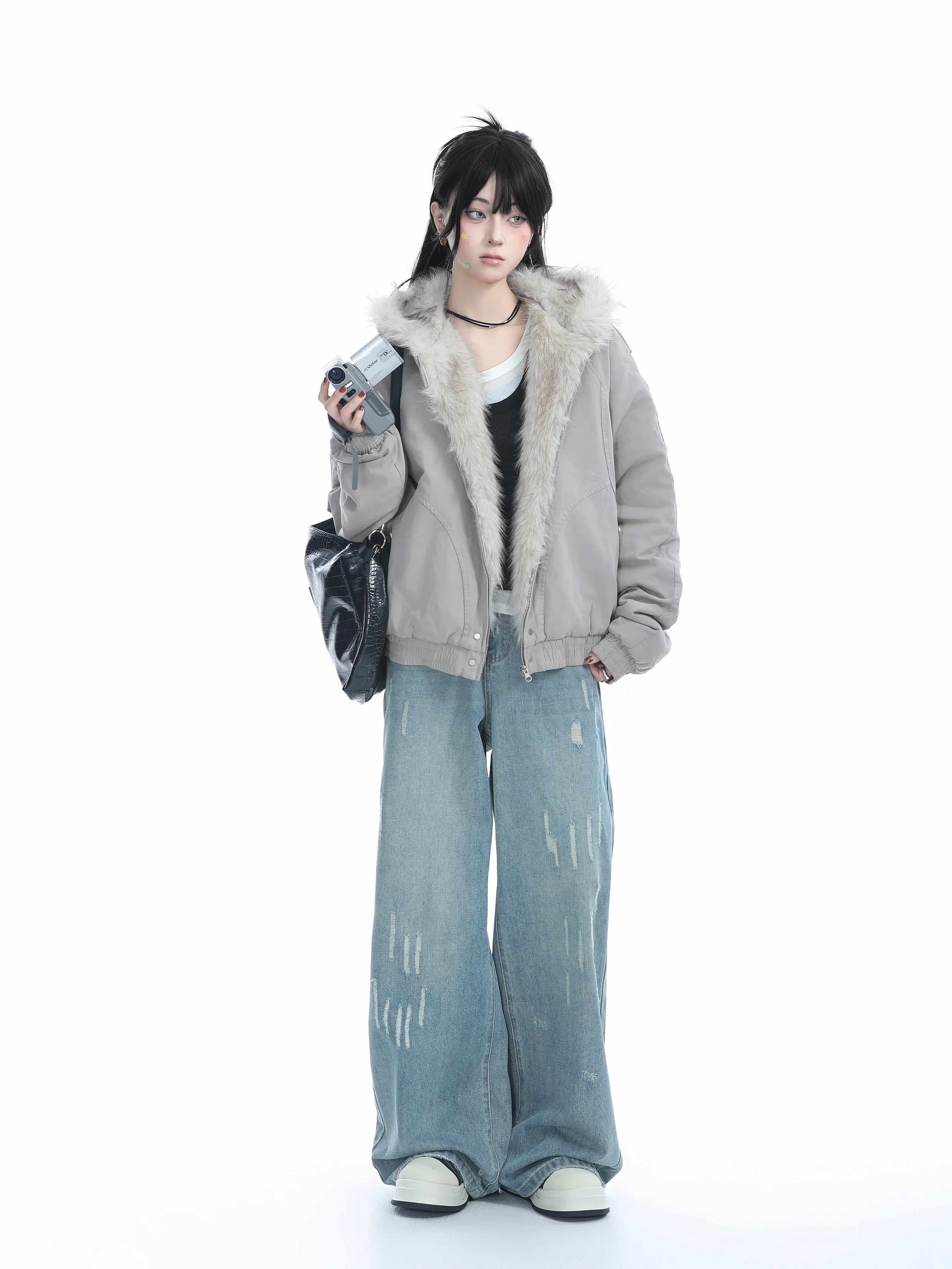 [Sitting in the Mountains] American vintage Fur Collar Hood Cotton-padded jacket Outerwear Women Winter High-Grade Thickened ...