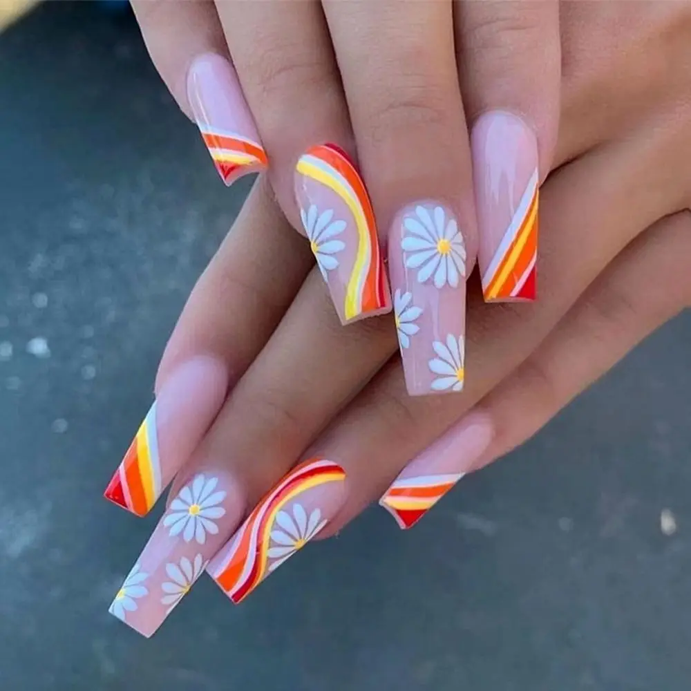 Накладные ногти с длинным прессом радужное облако Золотое кольцо французские