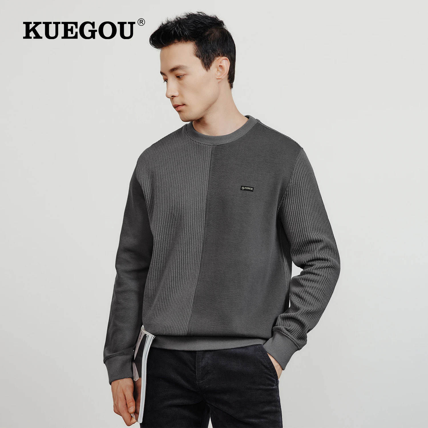 

KUEGOU 2022 Autumn New Men's Sweatshirt Jogger Contrast Color Patchwork Quality Casual Hoodies Cotton Blend Top Plus Size 55062