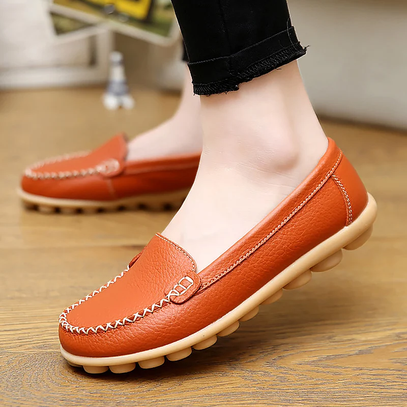 Summer Women Shoes Flat Shoes Loafers Genuine Leather New Style Round Toe Shallow Spring Ladies Shoes Plus Size Sports Shoes