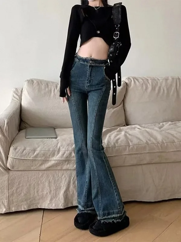 

High-waisted jeans bellbottoms for women 2023 spring new tight retro side hair show thin jean trousers for women y2k denim jeans