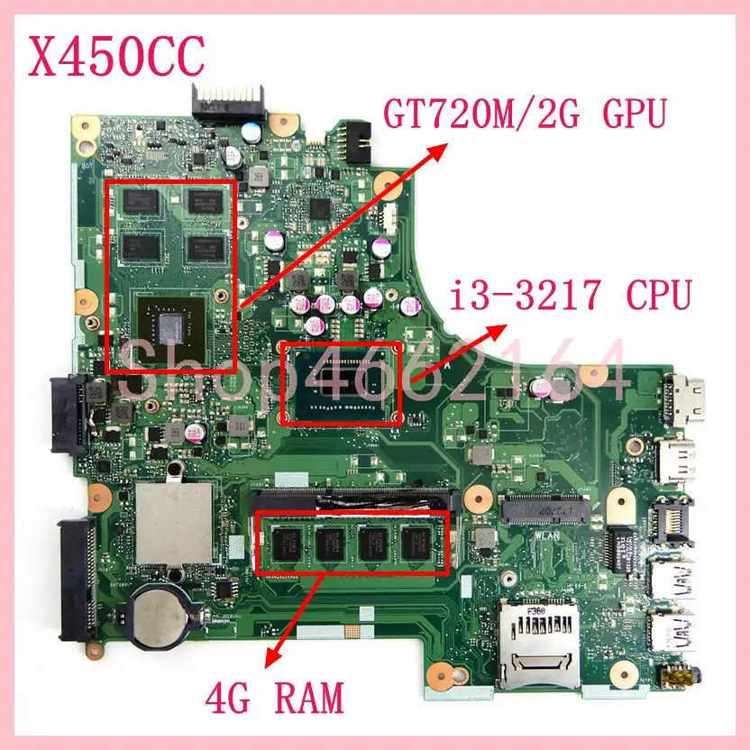 

X450CC Laptop Motherboard I3-3217 CPU 4GB RAM GT720M/2G HM76 For Asus X450CC X459CC Mainboard REV 2.0/2.2/2.3 Fully Tested OK