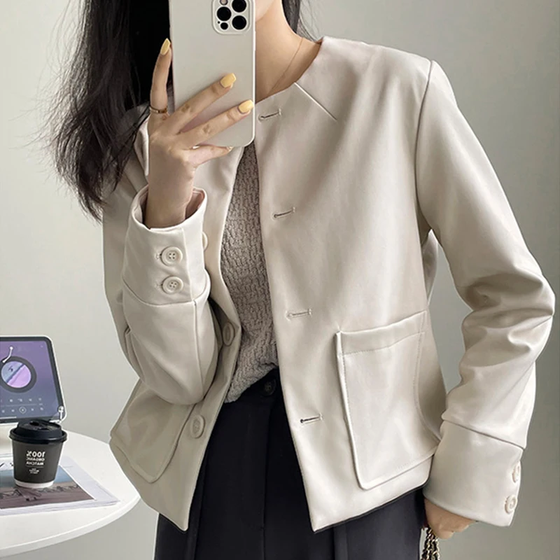 Pu Leather Jacket Women Black Soft Faux Leather Jacket Fashion Round Collar Leather Coats Female Bomber Solid Pockets Clothes