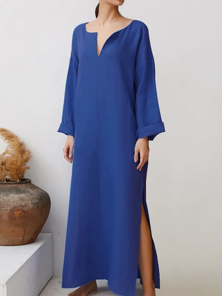 

Linad Loose Night Dress Women Long Sleeve V Neck Sleepwear Split Cotton Woman Dresses Autumn Casual Female Nightwear Solid