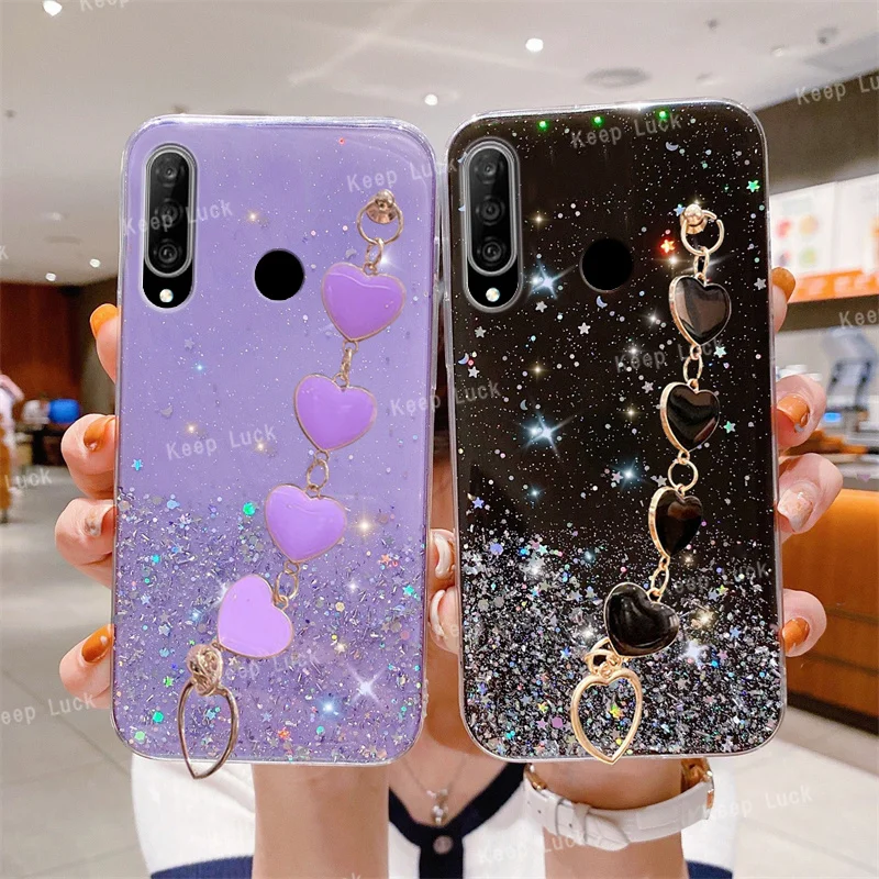 

Love Heart Wrist Chain Phone Case For Huawei P30Lite P20 P40 P50 Pro Mate 30 20X Y7 Y9 Y6P Y7P Y7A Y9A Y9S Glitter Bumper Cover