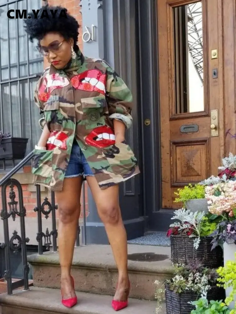 

Женский винтажный Тренч с блестками CM.YAYA, камуфляжный облегающий Тренч с карманами, воротником-лацканом и пуговицами спереди, верхняя одежд...