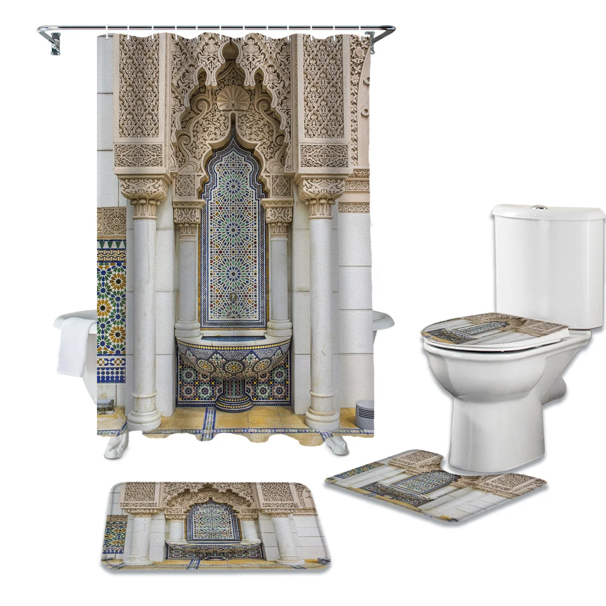 

Душевая занавеска с принтом мусульманского здания, комплект из накидки на ковер, чехол для унитаза, коврик для ванной комнаты, бытовой
