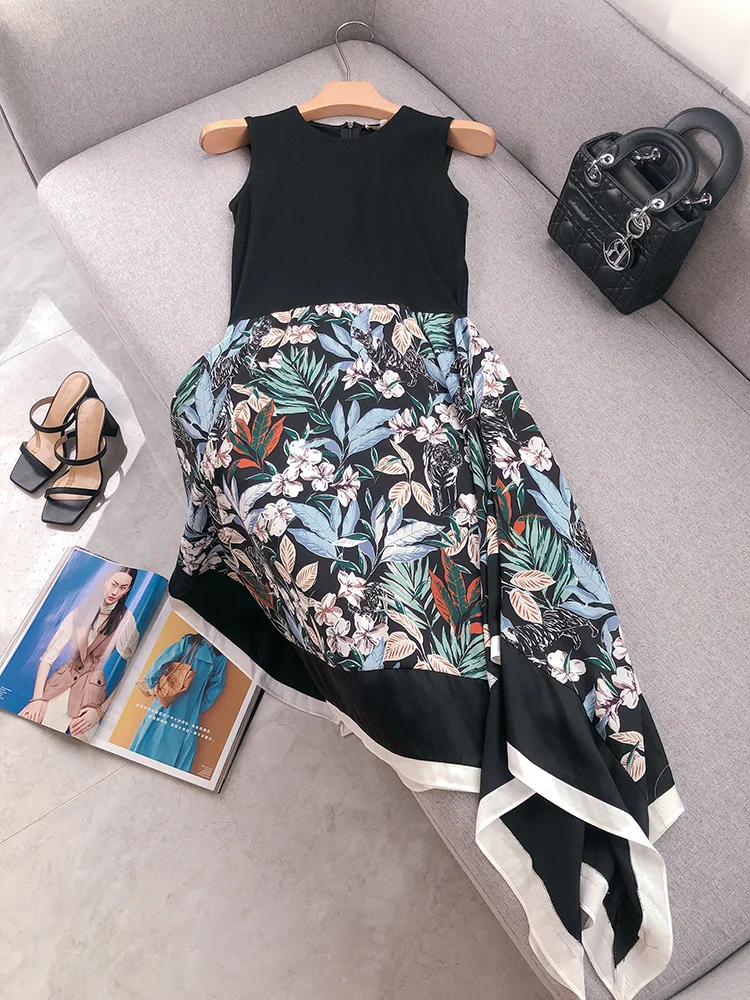 

Sleeveless Dress 2022 Summer New Round Neck Forest Plant Elements Floral Stitching Print Vest Mid-Length Women
