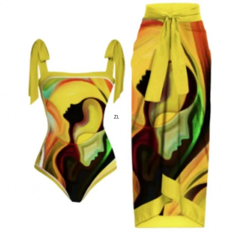 Bikini Bodysuit Swimwear Women With Skirt Bathing Suit Summer New Ruffle Splice Print Beachwear Holiday Bikini Cover Ups Outfits