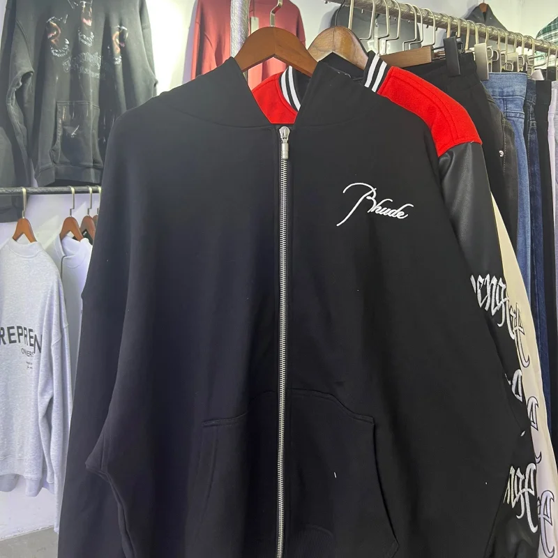 

RHUDE Bullet Zipper Letter Embroidery Hooded Sweatshirt High Street Loose American Jacket Men's Winter Hoodie Sweatshirt