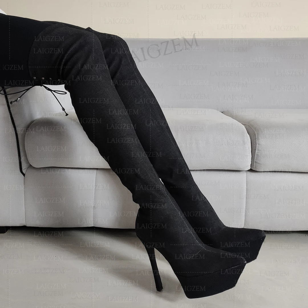 

Женские джинсовые высокие сапоги SEIIHEM, с острым носком, на тонкой платформе, на шпильке, женские ботинки для косплея, большой размер 38, 41, 43