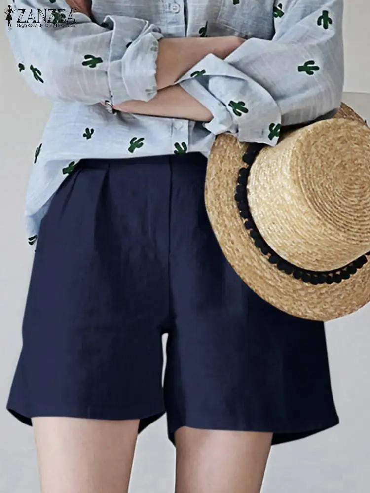 

ZANZEA 2022 Fashion Women Summer Trousers Solid Shorts Casual Elastic High Waist Pants Female Pleated Cotton Pantalon Oversized