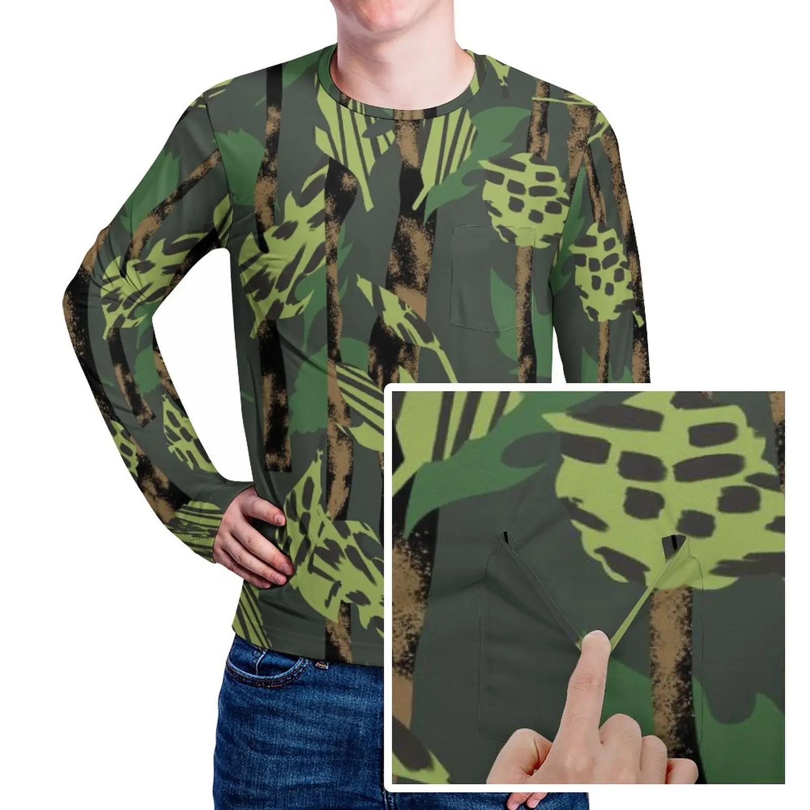 

Зеленая футболка с камуфляжным принтом, футболки в стиле хип-хоп с леопардовым принтом и карманом, дизайнерская футболка с длинным рукавом, базовые футболки оверсайз на весну