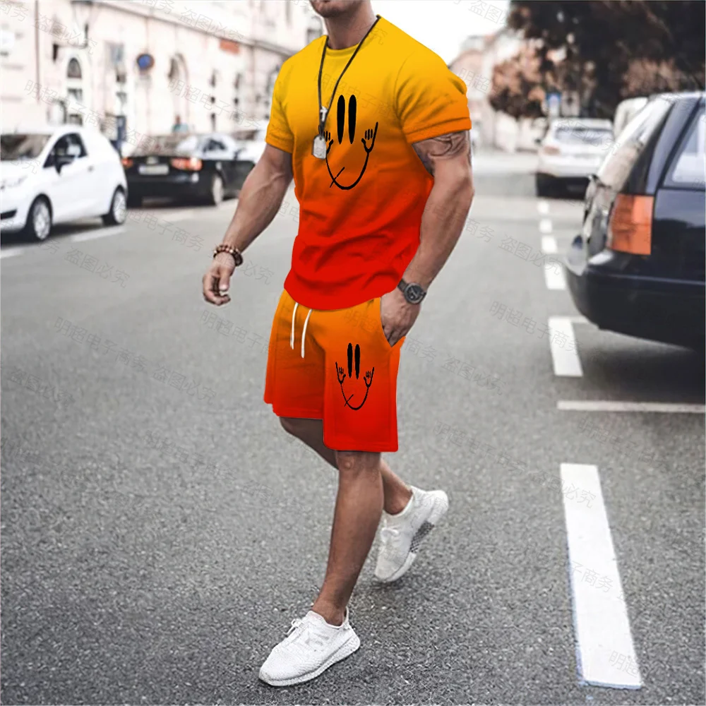 New Arrival Men's Shorts Tracksuit 2 Piece Set 3D Printed Summer Funny Smiley Short Sleeve T-shirt + Shorts Street Clothes