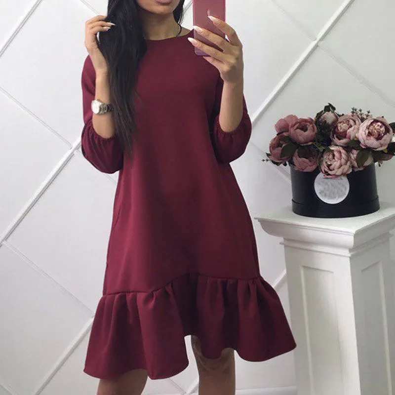 

Autumn Dress Women Lady Casual Loose Party Dress Ruffles Sundress Female Fashion Lantern Sleeve Mini Dress Hot Sale