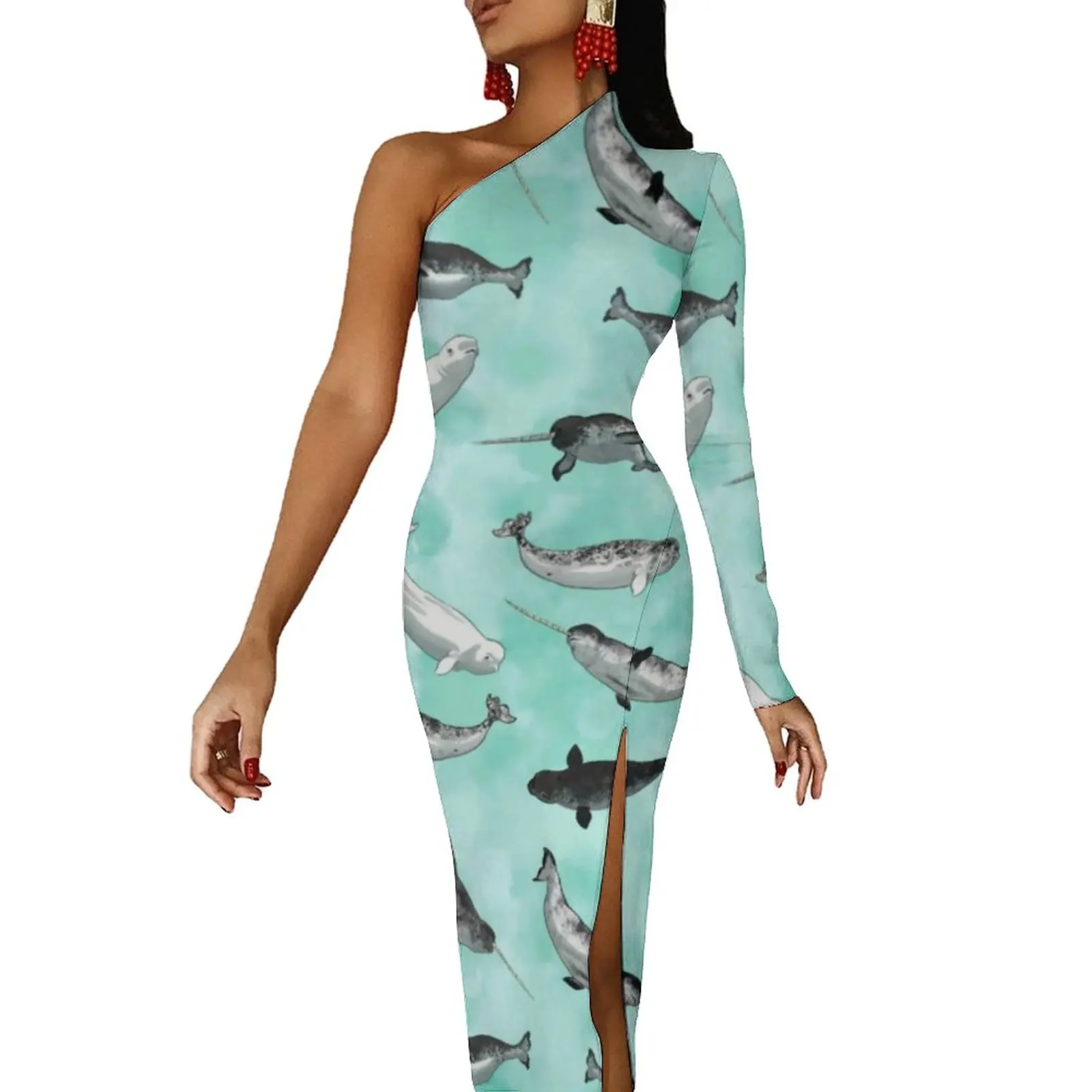 

Платье-макси с принтом арктических животных, длинное облегающее вечернее платье с разрезом сбоку, в стиле нарваля и белуги, на весну