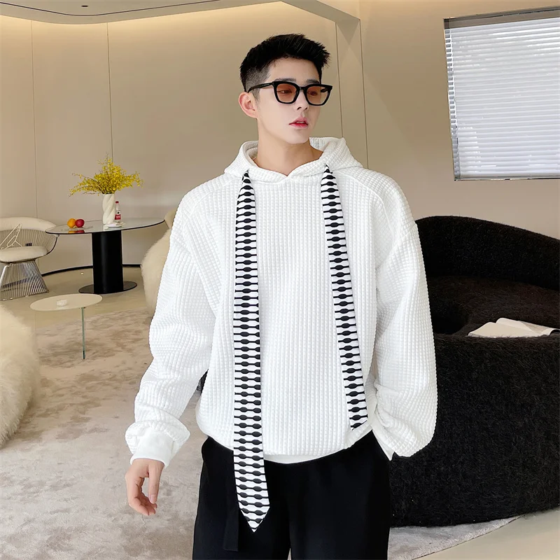 

Fashion Men's Waffle Black White Casual Loose Hoodie With Stylish Tie Sweatshirt B1