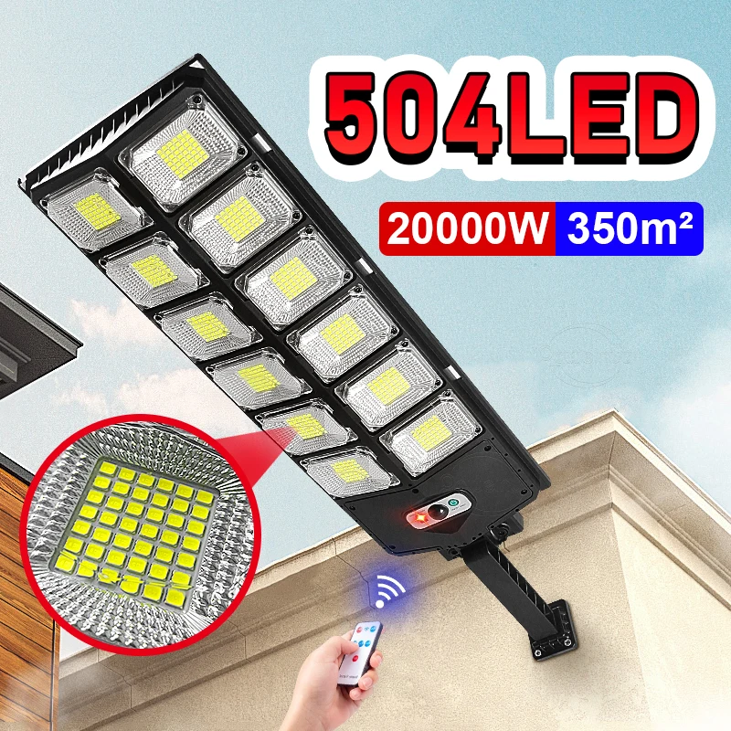

20000W Солнечный уличный фонарь 504LED Наружная солнечная лампа 1000000LM Супер яркий настенный солнечный свет PIR Датчик движения Факел садового осве...