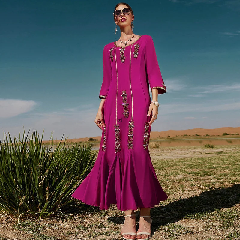 

Falbala Abaya Long Dress Handsewn Diamonds Embroidered Muslim Moroccan Evening Kaftan Arabic Dress with Metallic Belt Dustyblue