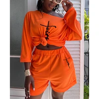 summer women homewear fashion oversize going out two piece half sleee skew neck letter print casual top shorts set with pocket