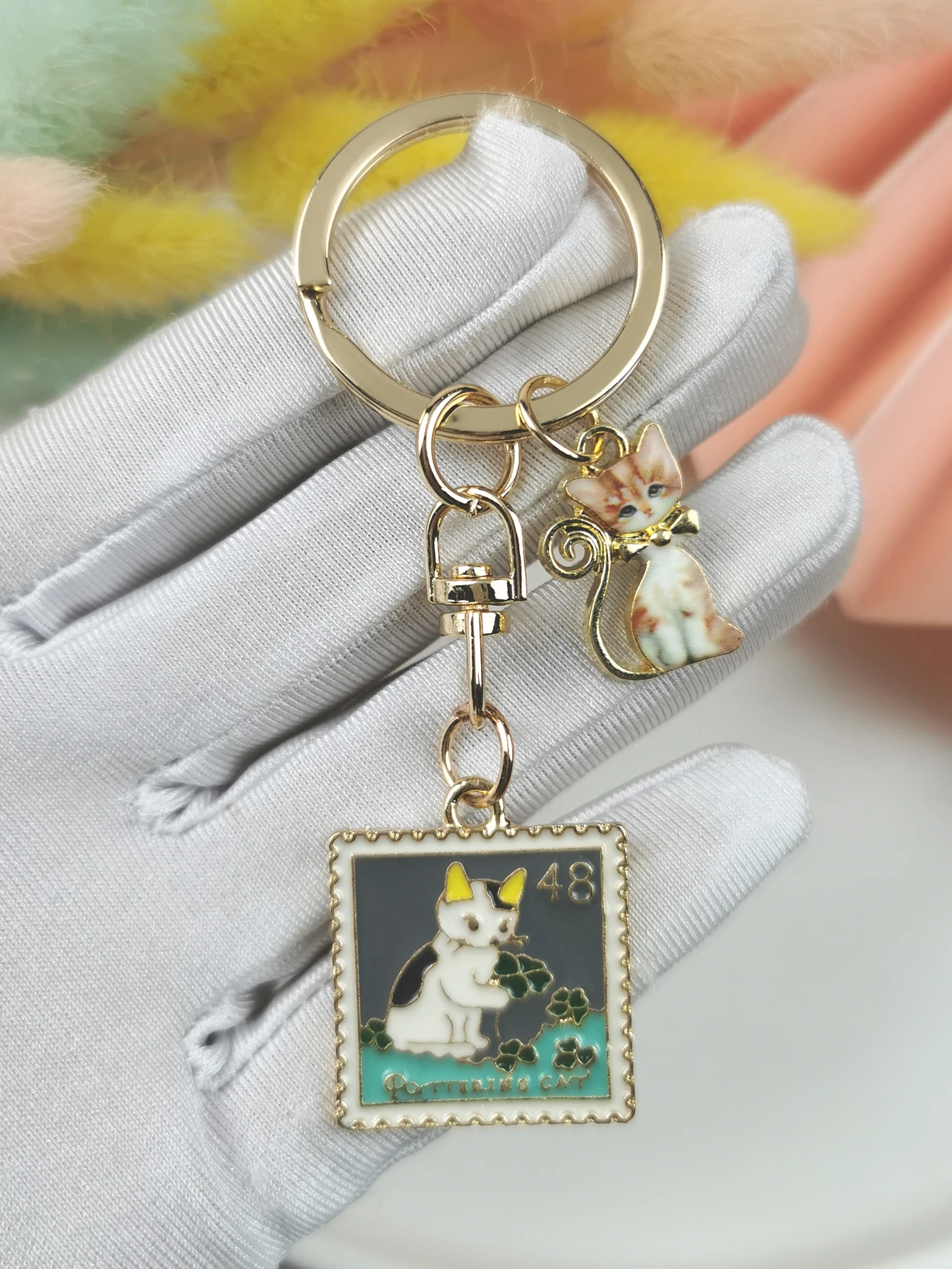 2Pcs Cute Animal Enamel Keychain Stamp Cat Keyring Key Chains Gifts For Female Handbag Key Dangle Handmade Jewelry
