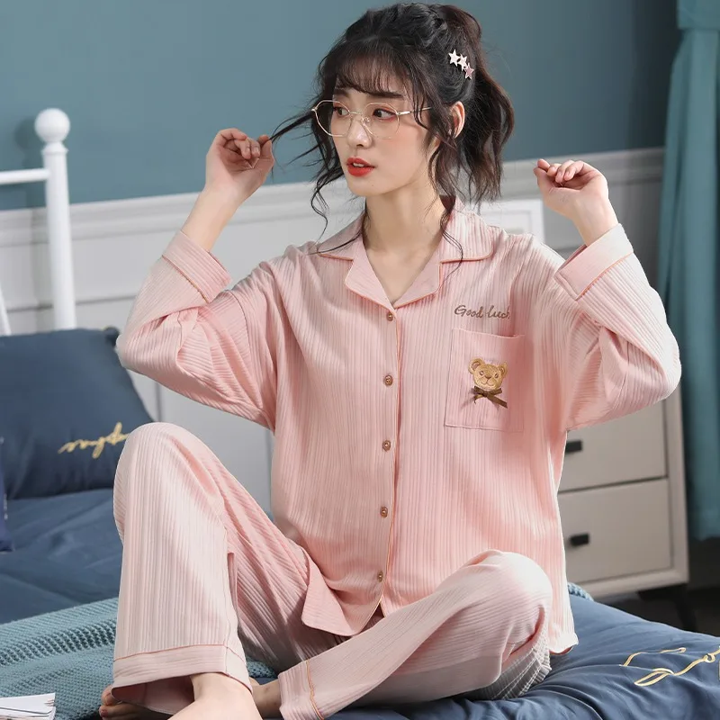 Cotton pajamas women's spring and autumn long-sleeved homewear women's simple loose casual 2-piece suit