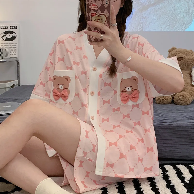 

Милые летние Пижамные комплекты, женская одежда для сна с героями мультфильмов и аниме, Корейская женская домашняя одежда с коротким рукаво...