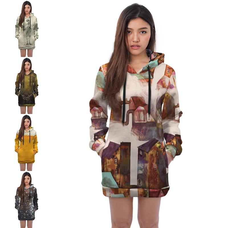 

2022 Wholesale Factor Supply Custom Cool Design Ladies Drawing Hoodies Dress Women‘s Hooded Sweatshirts Pullover