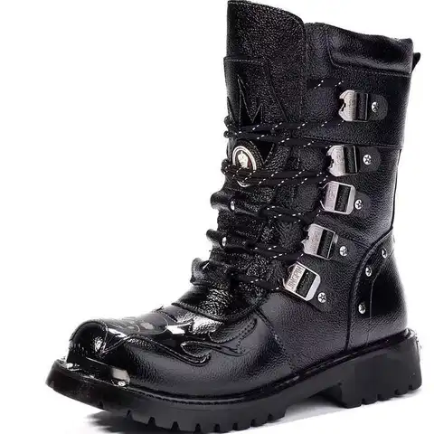 Stivali da motocicletta da uomo Fashion Mid-Calf Punk Rock Punk Pun Leather Black High Top Mens Casual Boot Steel Toe Scarpe di grande dimensione 38-46