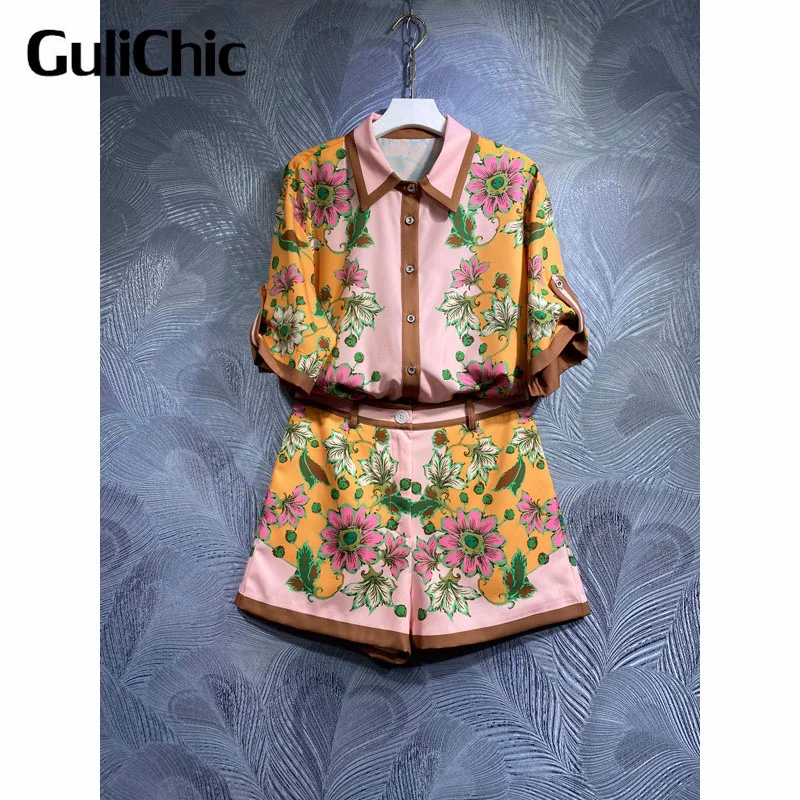 

5,17 GuliChic Женская мода цветочный принт воротник с отворотом короткий рукав свободная рубашка и шорты с высокой талией комплект из 2 предметов