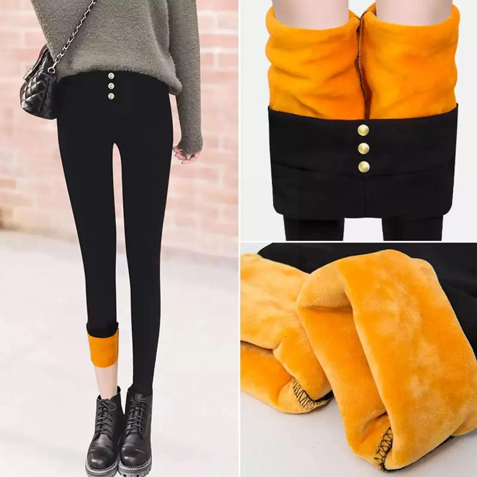 

Women's Thermal Stretchy Leggings Pants Winter Warm Keep Yellow Waist Legging Pencil Lined Hight Thick Pants Fleece Velvet G2R2