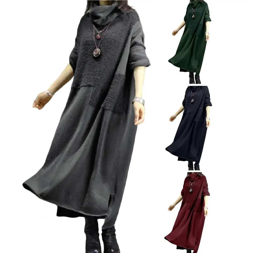 

Осеннее платье-свитшот с высоким воротником, женские повседневные свободные длинные платья в стиле ретро с длинным рукавом и пэчворком, жен...