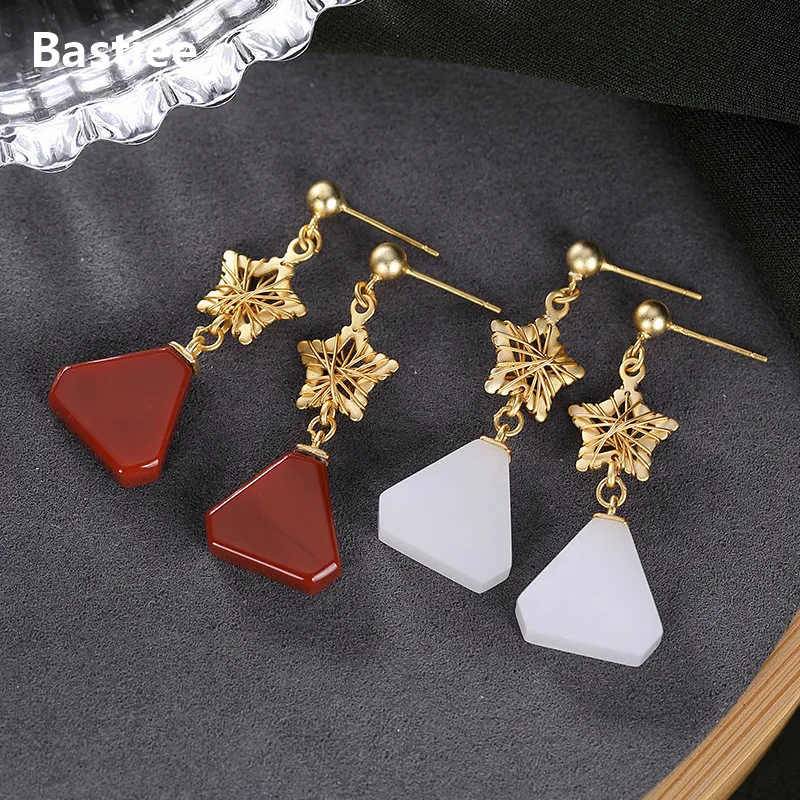 

Bastiee S925 Sterling Silver Gold Plated Ear Studs Natural South Red Agate Hetian Jade Geometric Triangle Star Earrings