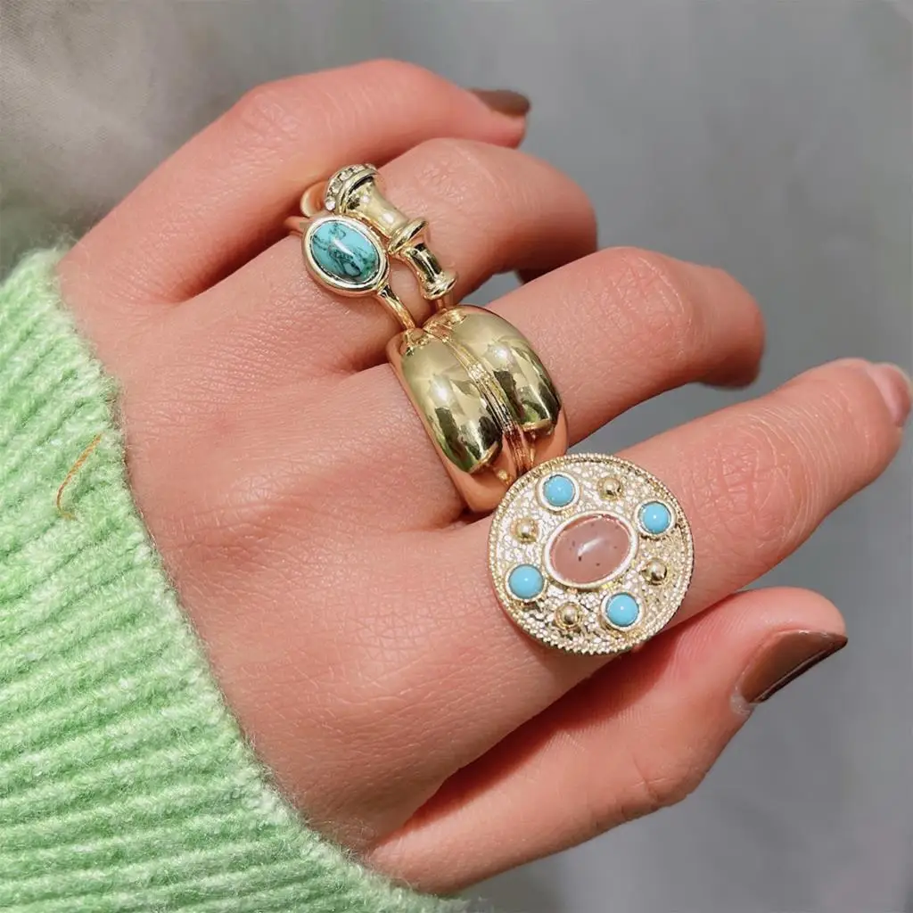 

Gold Vintage Stone Rings Sets for Women New Fashion Creative Design Green Stone France Vintage Party Bride Gold Jewelry