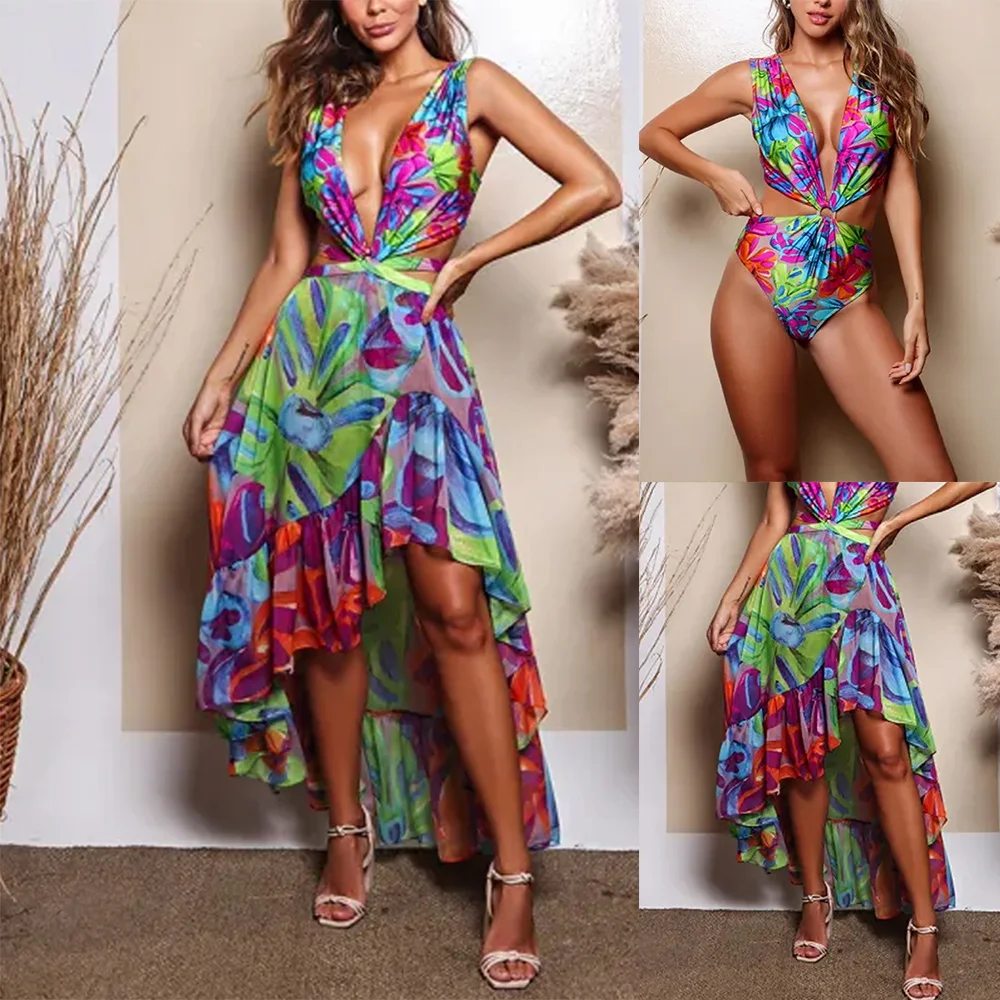 

Female Retro Swimsuit One Piece Flower Print Deep V Swimwear Holiday Beachwear Designer Bathing Suit Summer Surf Wear