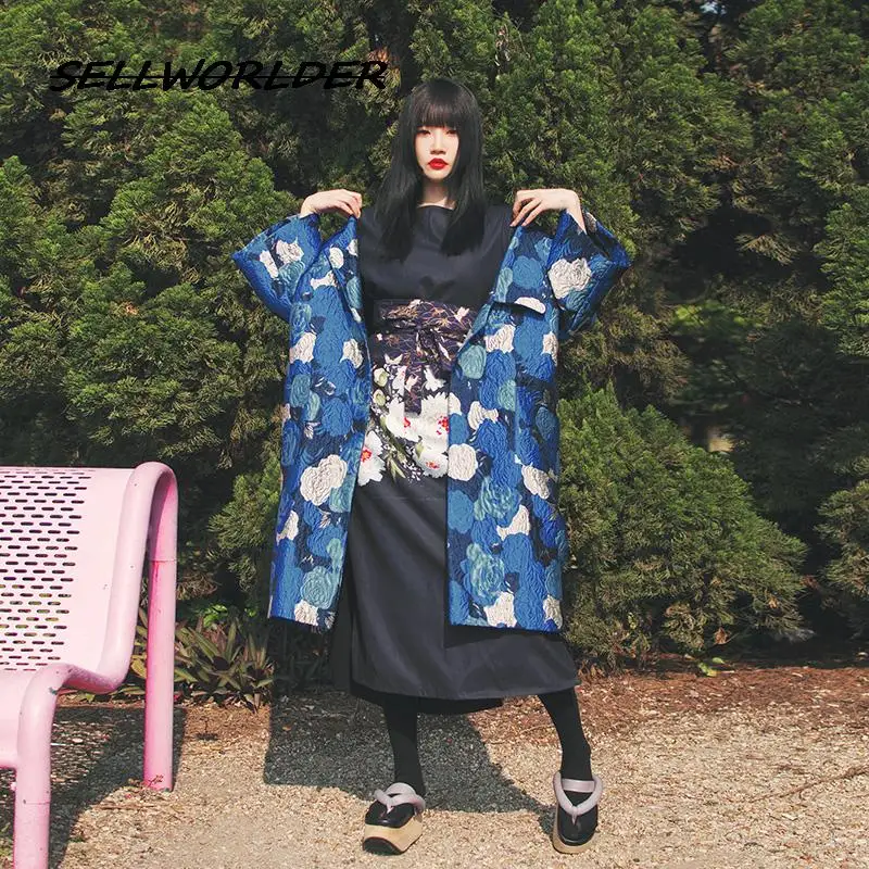 

2023 Woman Japanese Kimono Style Embroidery Coat Blue Iris Jacquard Handmade Long Jacket