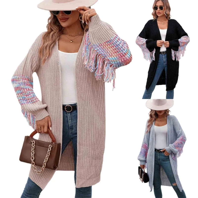 

50JB Womens Open Front Knit Cardigan Long Tassels Sleeve Oversized Sweater Cable Knit Coat Loose Sweater Cardigan