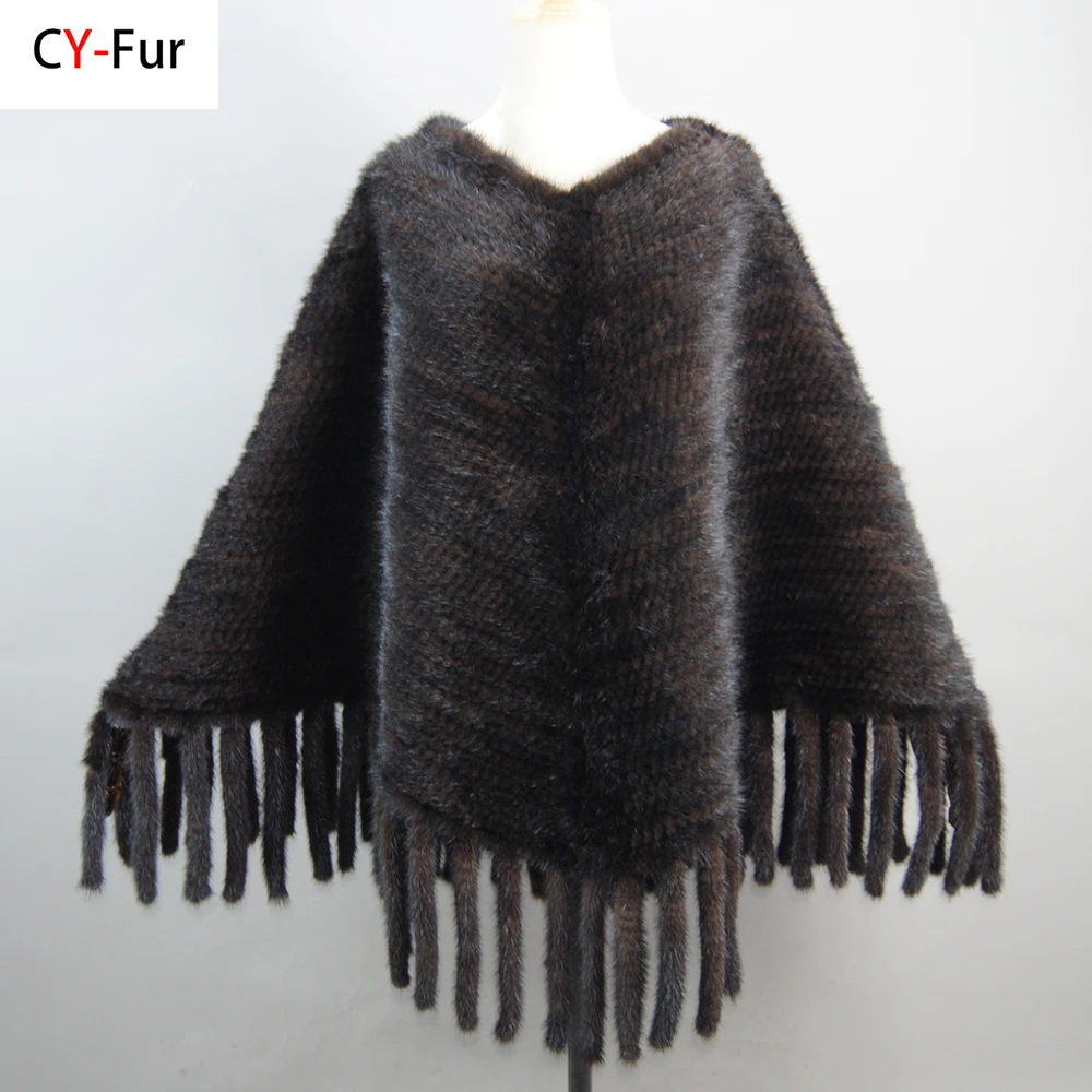 

Fashion Women Fur Shawl Winter Knitted Real Mink Fur Stole With Fur Hood Knitted Mink Poncho Pashmina Free Shipping