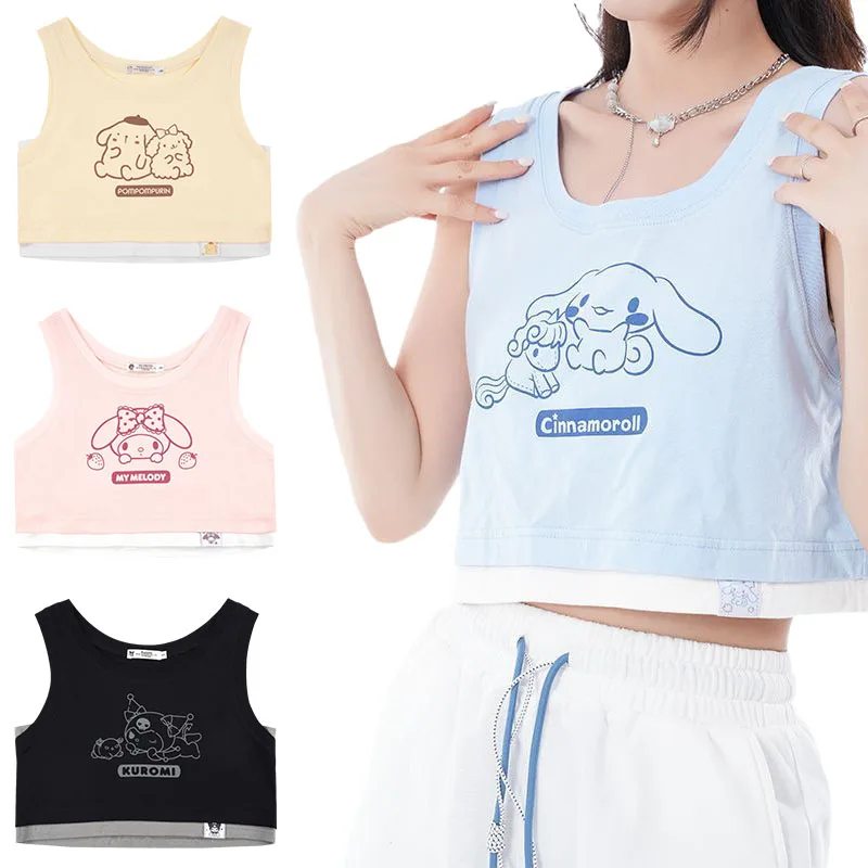 

Летняя безрукавка Sanrio без рукавов с мультяшным помпоном пурин My Melody Cinnamoroll Kuromi милая девушка без рукавов поддельная футболка из двух частей Y2K