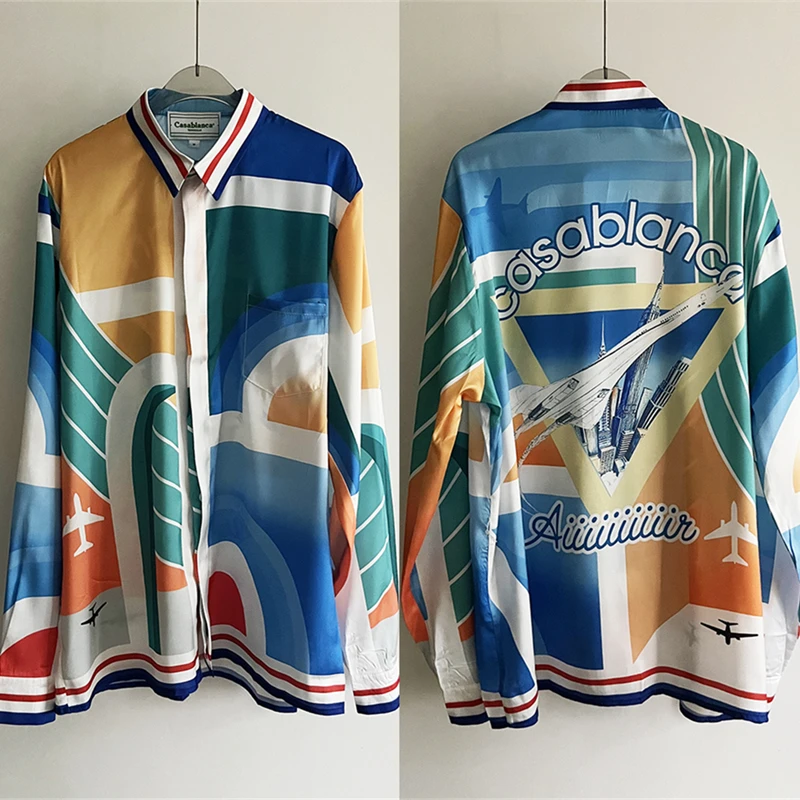 

Aircraft Skyscraper Printing Silk Casablanca Shirt Men Women Hawaii Beach Shirts