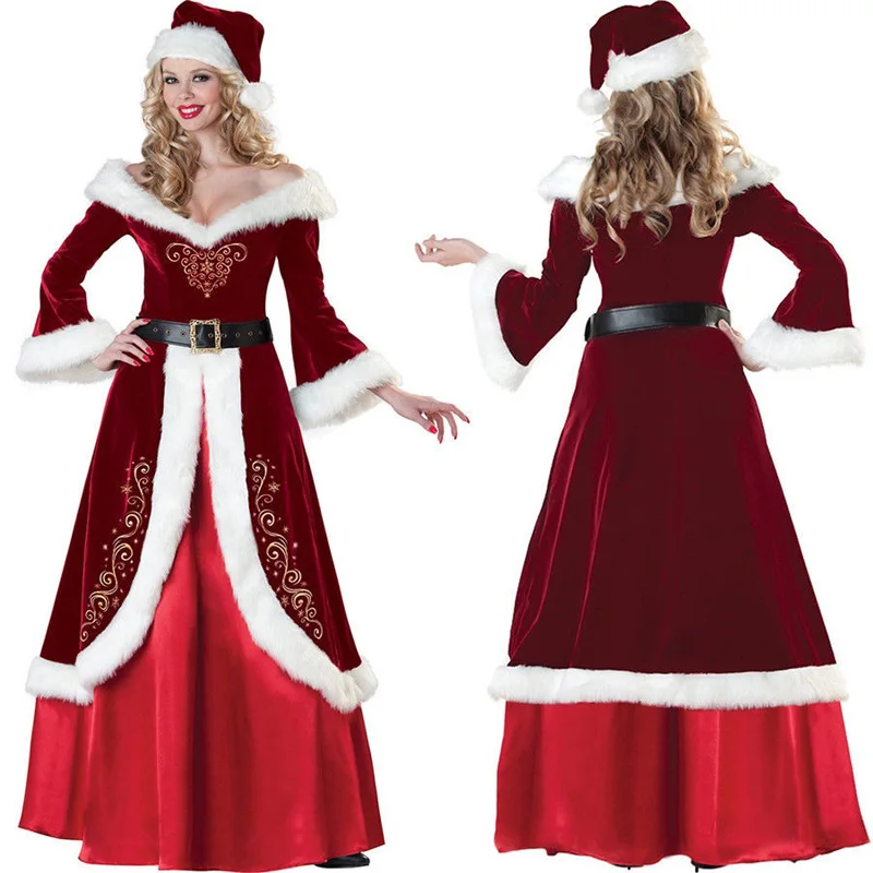 

Роскошный бархатный женский наряд Санта-Клауса, Рождественский костюм, длинное платье на Рождество