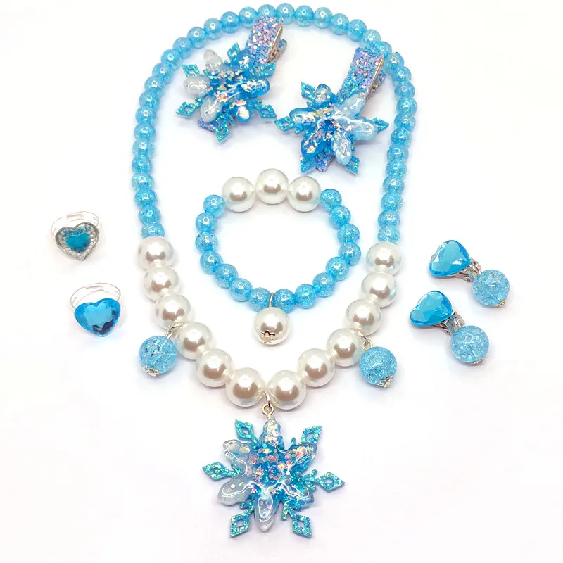 Baby Girls Snowflake Style Necklace Set Fashion Pendant Child Kids Adjustable Lovely Earrings Rings Chunky Jewelry For Gift