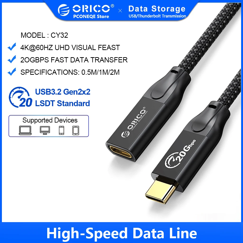 

ORICO 20Gbps USB C Extension Cable Fast Charge Type C Extender Cord 100W HD 4K @60Hz Braided Male to Female for Macbook Xiaomi