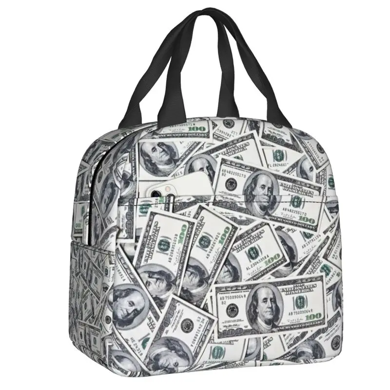 

Hundred Dollars Bills Thermal Insulated Lunch Bags Women Money Resuable Lunch Tote for Outdoor Picnic Storage Food Box