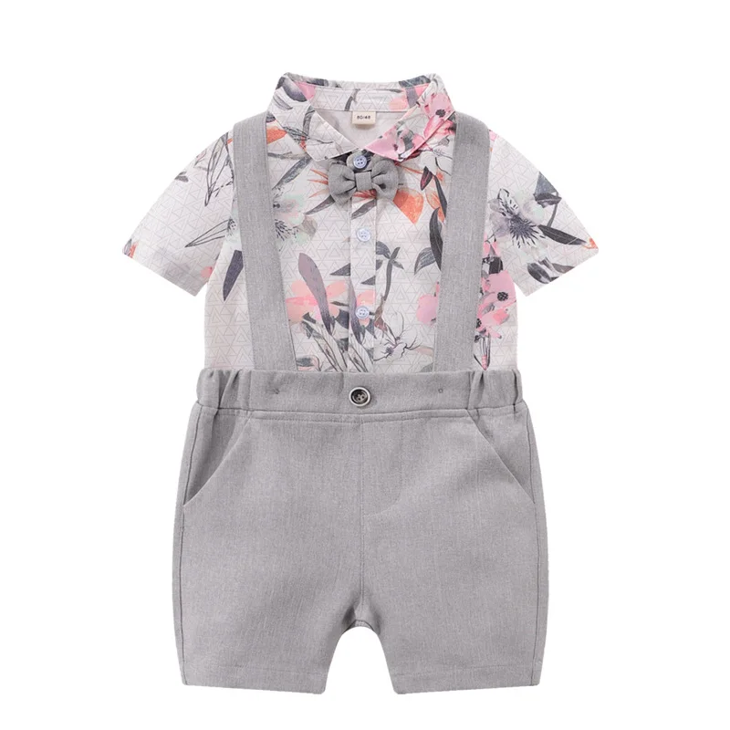 

Floral Baby Boys Summer Clothes Toddler Full Print Lapel Jumpsuit Boutique Clothing Set Infant Gentleman Cotton Birthday Outfits