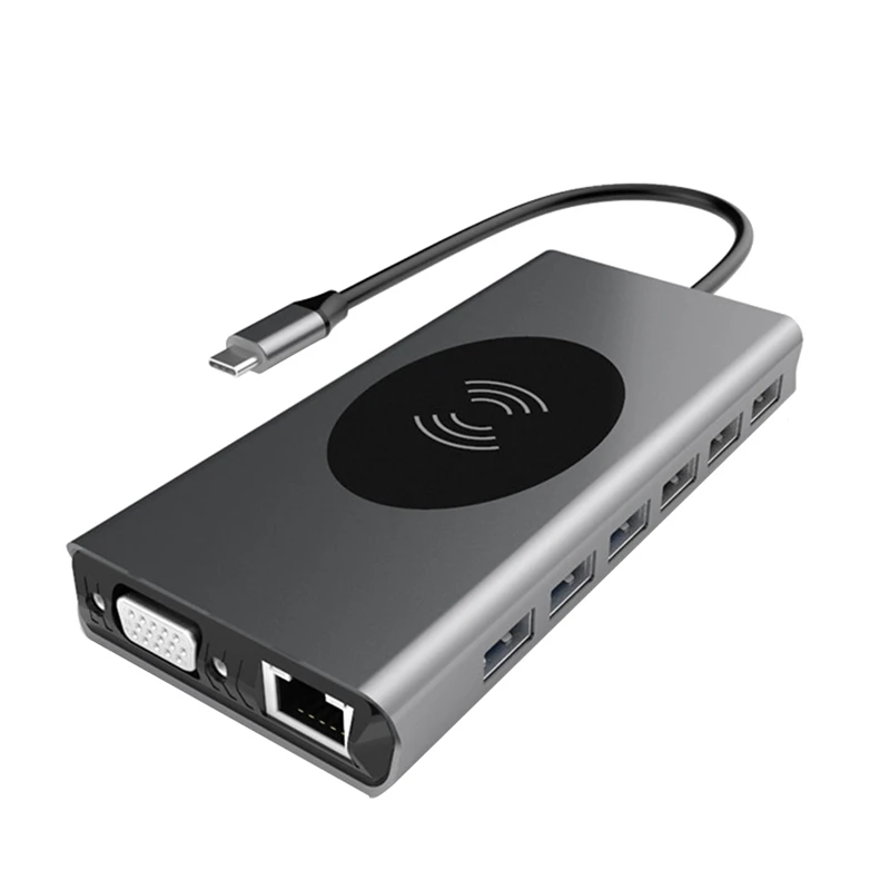 

15 in 1 Type C HUB Dock Docking Station USB HUB Type C to HDMI-Compatible Wireless Charging USB 3.0 Adapter
